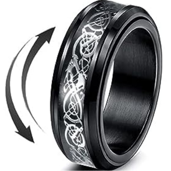 Stainless Steel Celtic Dragon Unisex Black Fidget Spinner Ring, size 10 - Picture 8 of 10